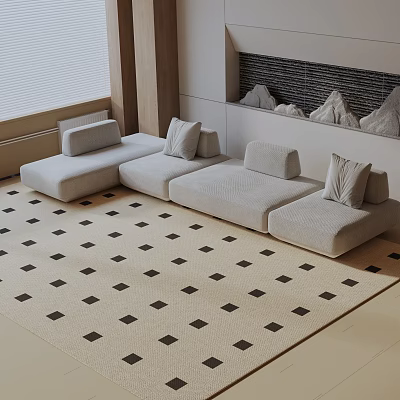 Modern Light Beige Three Seater Sofa with Plush Pillows on Geometric Pattern Living Room Rug 3d model