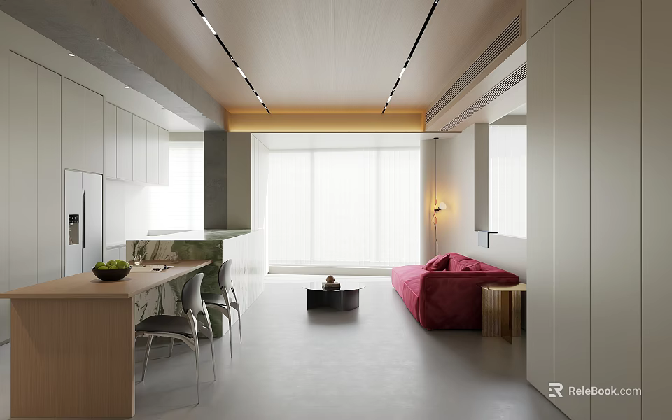 Modern Open Dining And Living Room Design With Red Sofa Dining Table And Chairs 3d model 