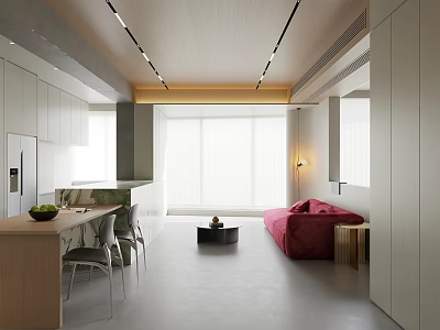 Modern Open Dining And Living Room Design With Red Sofa Dining Table And Chairs 3d model