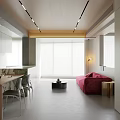 Modern Open Dining And Living Room Design With Red Sofa Dining Table And Chairs