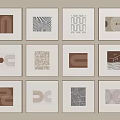 Multiple Square Framed Abstract Paintings Arranged in Grid with Geometric Patterns Lines and Neutral Tones 3d model