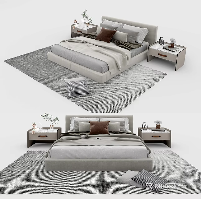 Modern Double Bed With Soft Bedding Decorative Pillows And Nightstands On Gray Rug 3d model