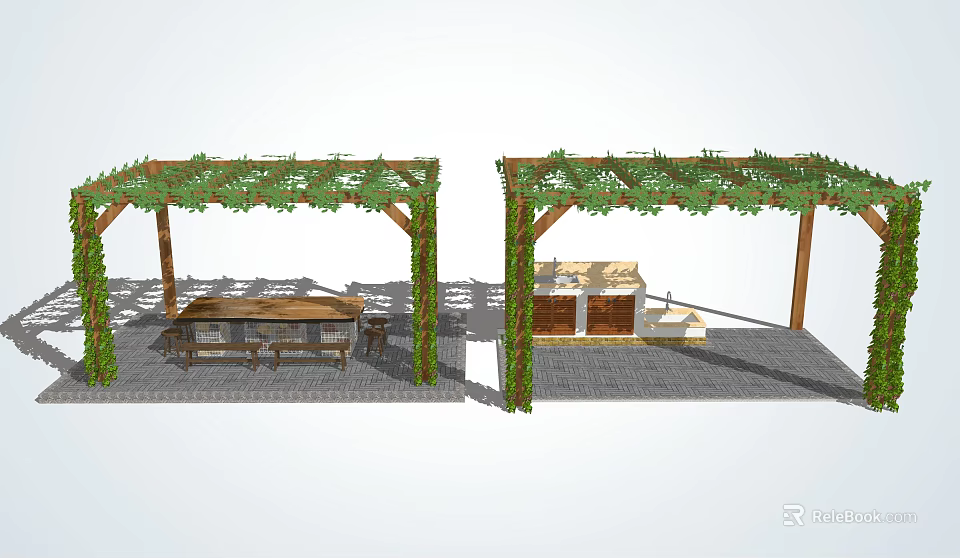 Garden Pergola With Green Vines Long Table Benches Cabinets And Steps 3d model 