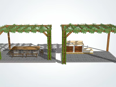 Garden Pergola With Green Vines Long Table Benches Cabinets And Steps 3d model