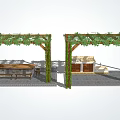 Garden Pergola With Green Vines Long Table Benches Cabinets And Steps