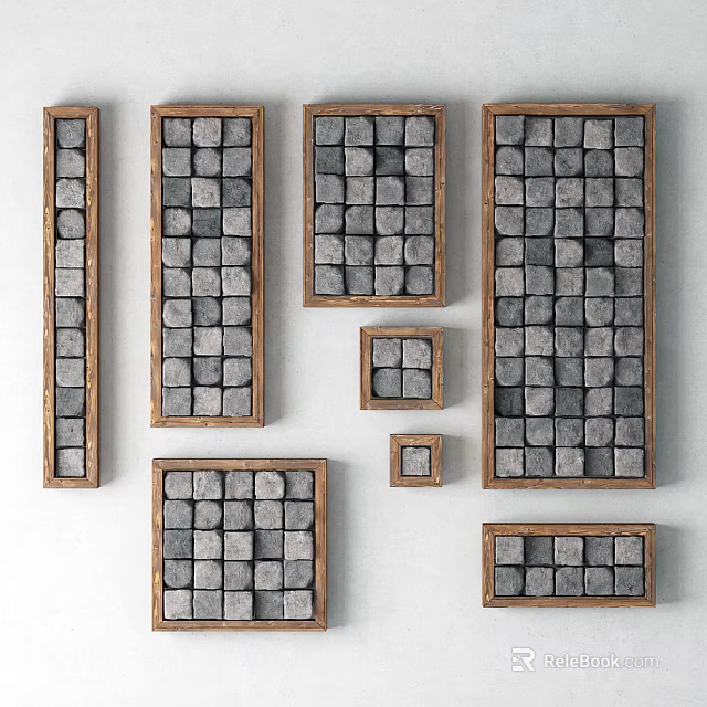 Wooden Framed Wall Decor With Gray Cubes In Various Sizes And Arrangements 3d model