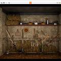 Rural Storage Room With Stone Walls Hay Bales Shelf Pots Bowls Hat And Farm Tools