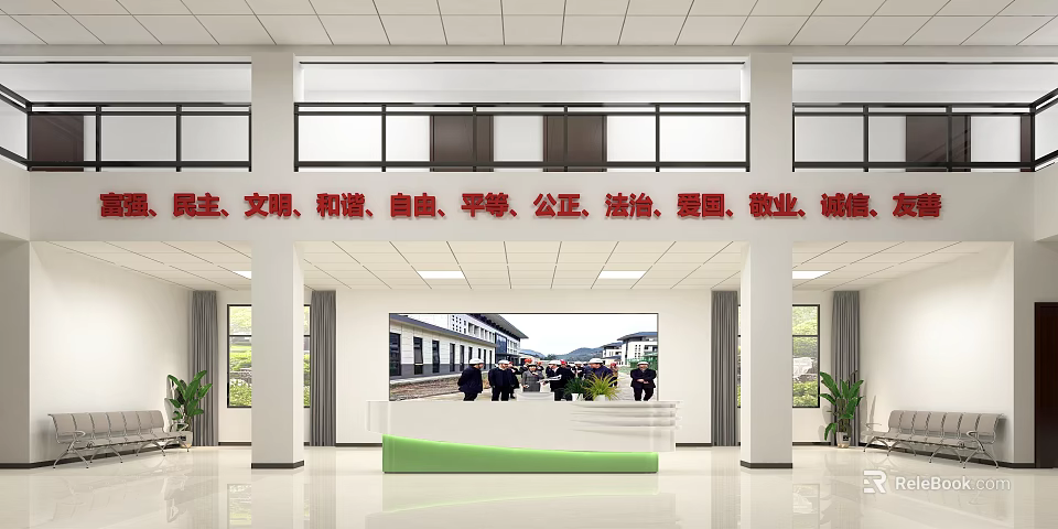 Public Service Hall Interior with Core Values Banner Large Screen and Green Reception Desk 3d model 