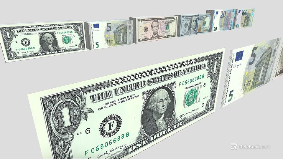 Realistic Currency Themed Decorative Ornament Set With US Dollars Euros And Various Denominations 3d model 