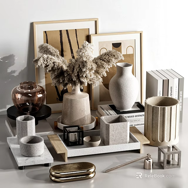 Stylish Decorative Ornament Combinations With Dried Pampas Grass Ceramic Vases Wooden Trays And Stacked Books 3d model 