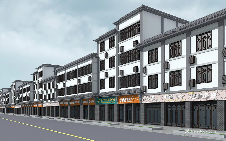 Traditional Chinese Commercial Street With Multi Story White and Dark Exterior And Ground Floor Shops 3d model 