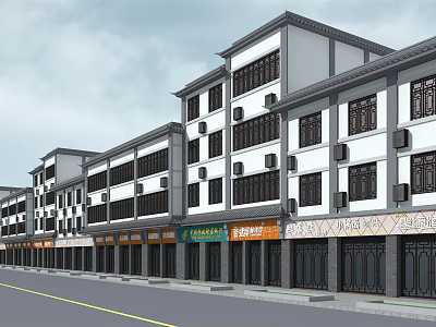 Traditional Chinese Commercial Street With Multi Story White and Dark Exterior And Ground Floor Shops 3d model