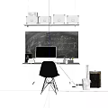 Modern Desk Interior With Blackboard Computer Monitor Chair White Shelves Storage Boxes And Stationery