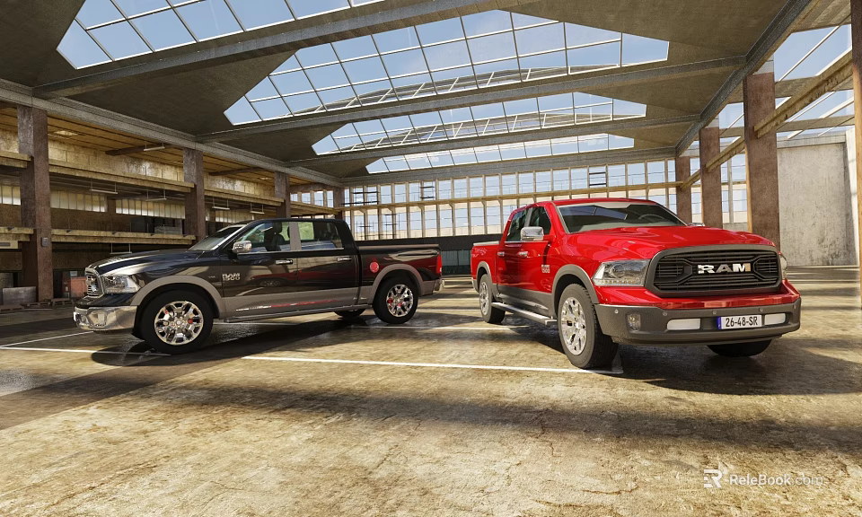 Two Black And Red RAM Pickup Trucks Parked In Spacious Garage With Glass Ceiling 3d model 