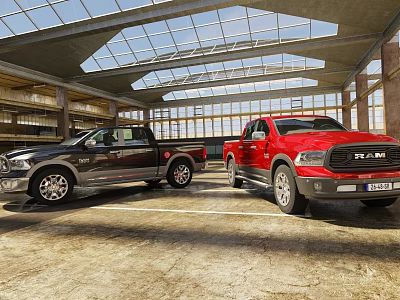 Two Black And Red RAM Pickup Trucks Parked In Spacious Garage With Glass Ceiling 3d model