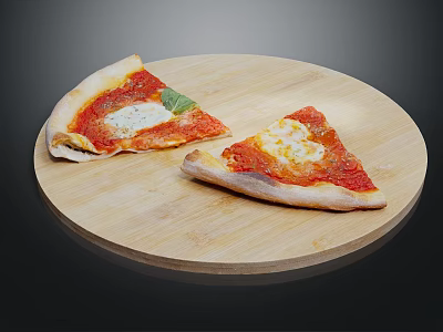 Two Fresh Pizza Slices With Tomato Sauce Cheese And Basil On Wooden Cutting Board 3d model