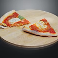 Two Fresh Pizza Slices With Tomato Sauce Cheese And Basil On Wooden Cutting Board