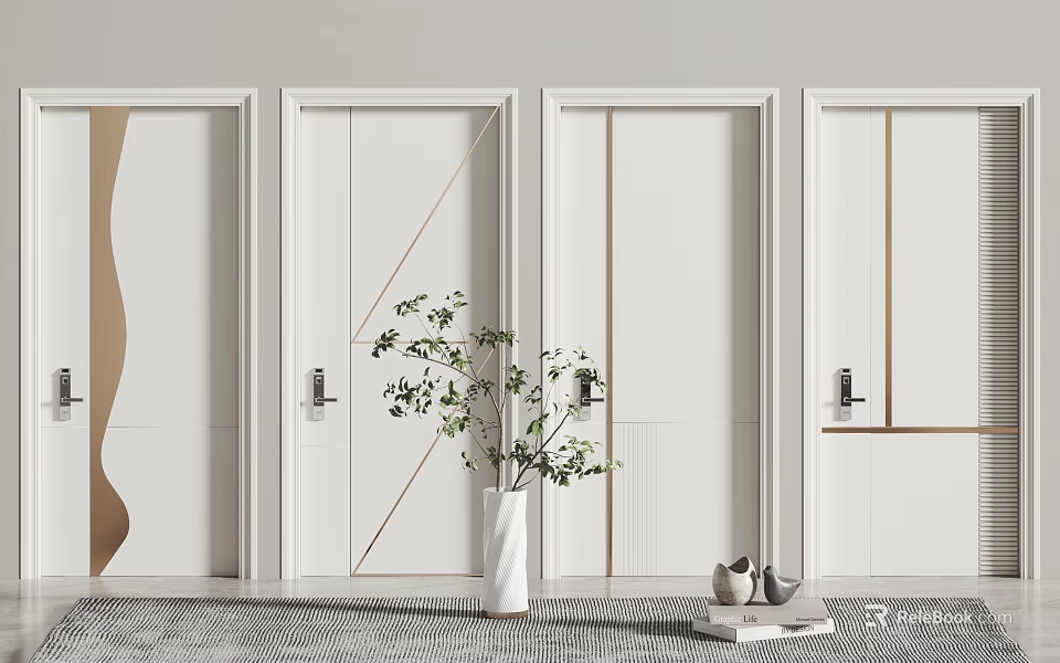 Modern White Hinged Doors With Golden Trim Minimalist Design And Green Plant Decor 3d model 