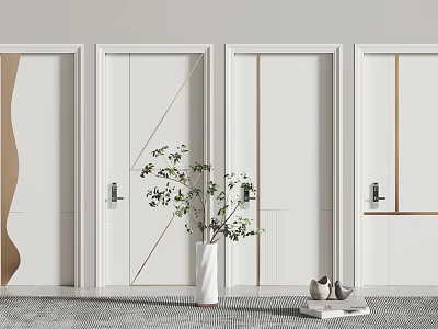 Modern White Hinged Doors With Golden Trim Minimalist Design And Green Plant Decor 3d model