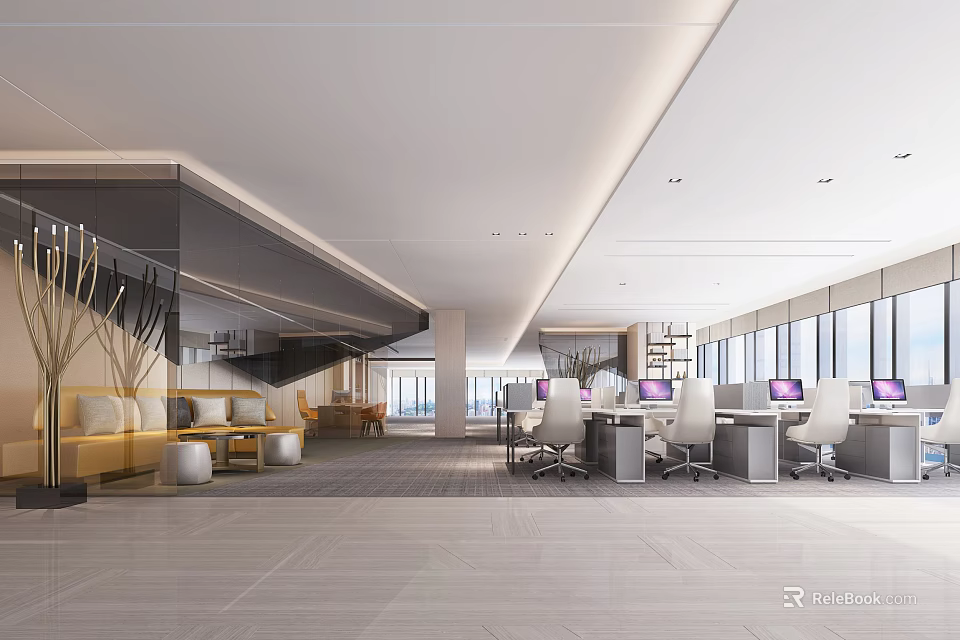 Modern Public Office Space With Open Layout Workstations Sofa Lounge And Large Windows 3d model