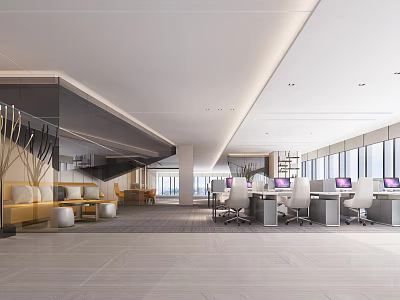 Modern Public Office Space With Open Layout Workstations Sofa Lounge And Large Windows 3d model