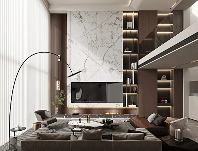 Modern Loft Living Room Interior With Marble Wall And Stylish Furnishings 3d model