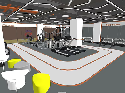 Spacious Fitness Gym Interior With Treadmills Strength Equipment And Colorful Seating 3d model