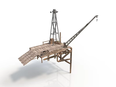 Modern Industrial Scene Featuring Wooden Platform Tall Tower And Crane Structure 3d model