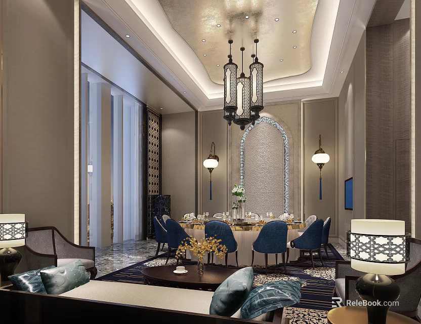 Elegant Private Dining Room Interior Featuring Chandelier Dining Table Blue Chairs And Sofa 3d model