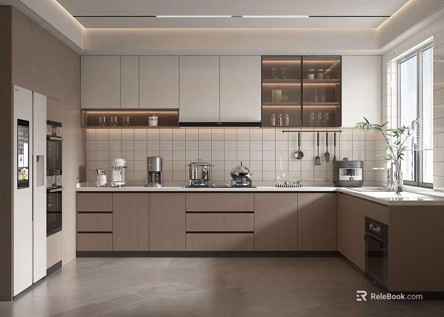 Modern Kitchen Interior with Light Cabinets Glass Door Upper Cabinets and Countertop Appliances 3d model 