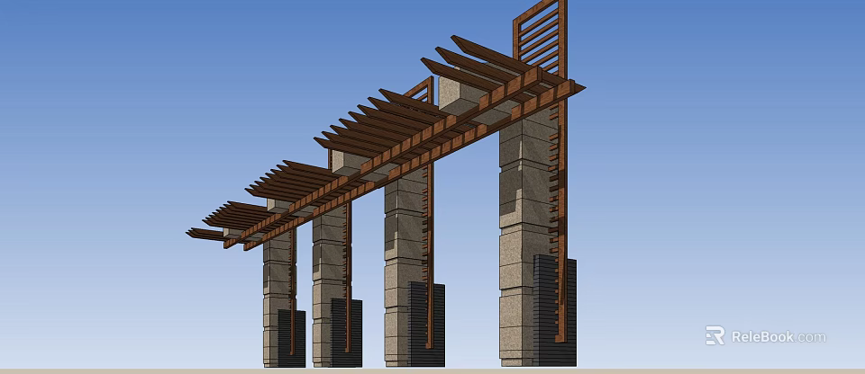 Rustic Pergola Design With Stone Columns And Wooden Beams Structure 3d model 