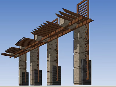 Rustic Pergola Design With Stone Columns And Wooden Beams Structure 3d model