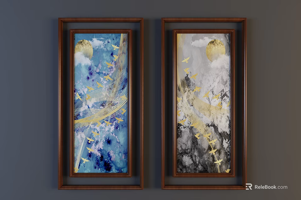 Abstract Paintings In Wooden Frames With Blue Black White Tones Gold Elements Flying Birds Clouds 3d model 