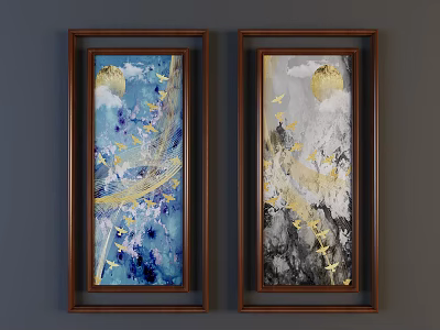 Abstract Paintings In Wooden Frames With Blue Black White Tones Gold Elements Flying Birds Clouds 3d model