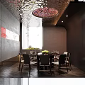 Luxurious Private Dining Room Interior With Round Table Greenery Chandelier And Tree View Window 3d model