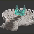 Miniature Castle Landscape With Circular Stone Walls Blue Roof Spires And Autumn Leaves