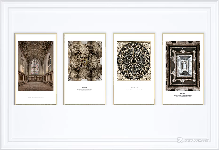 Four Framed Wall Artworks Showcasing Classic Architectural Ceiling Designs With Golden Borders 3d model 
