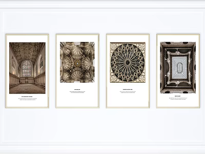 Four Framed Wall Artworks Showcasing Classic Architectural Ceiling Designs With Golden Borders 3d model