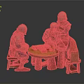 Medieval Knight Miniatures Gathered Around Wooden Table With Red Dice And Stools