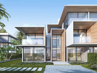 Modern Detached Villa Exterior With Large Glass Windows Balcony And Green Garden 3d model