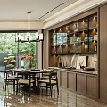 Modern Living And Dining Room Interior With Wooden Furniture Large Windows And Chandelier