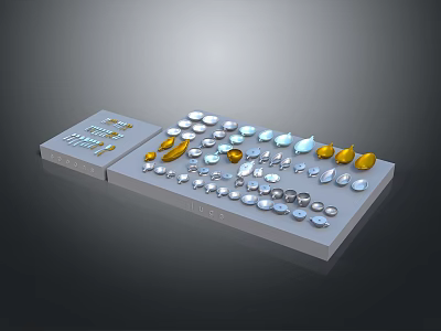 Assorted Household Daily Use Items on Gray Tray with Different Shapes Sizes and Colors 3d model