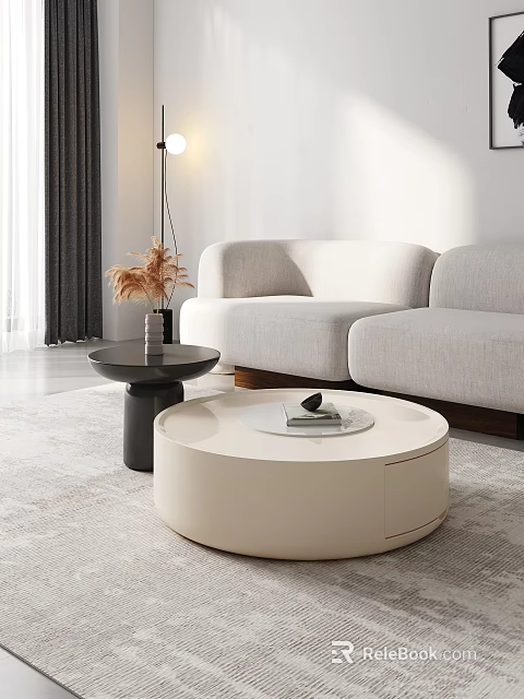 Modern Round Beige Coffee Table With Black Side Table Gray Sofa And Dried Flowers 3d model 
