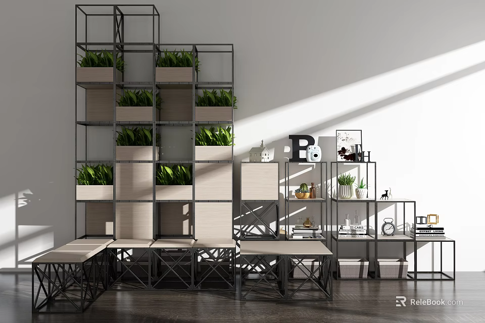 Modern Bookshelf with Open Shelving Metal Frame Wooden Compartments and Green Plants 3d model 