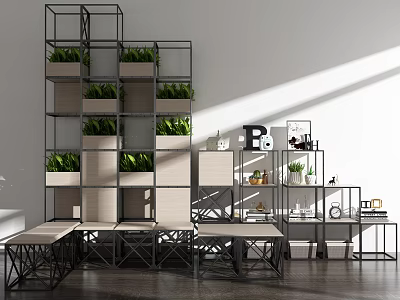 Modern Bookshelf with Open Shelving Metal Frame Wooden Compartments and Green Plants 3d model