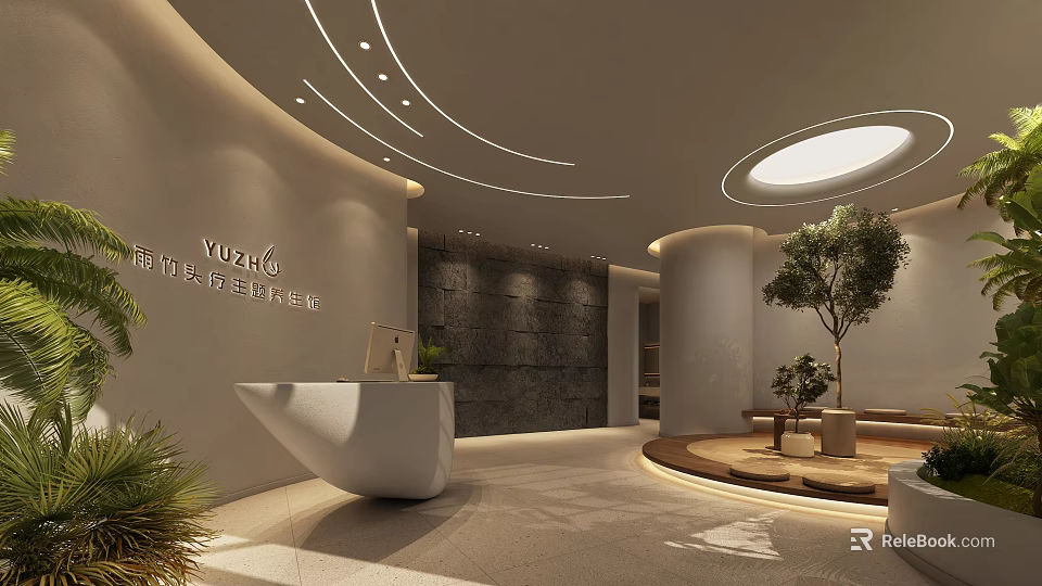 Modern Beauty Salon Interior With Reception Desk Round Lighting Plants And Stone Wall 3d model 