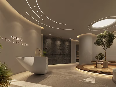Modern Beauty Salon Interior With Reception Desk Round Lighting Plants And Stone Wall 3d model
