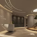 Modern Beauty Salon Interior With Reception Desk Round Lighting Plants And Stone Wall