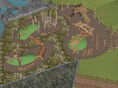 Natural Themed Children's Play Area With Wooden Climbing Structures Log Elements And Green Spaces 3d model