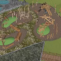 Natural Themed Children's Play Area With Wooden Climbing Structures Log Elements And Green Spaces